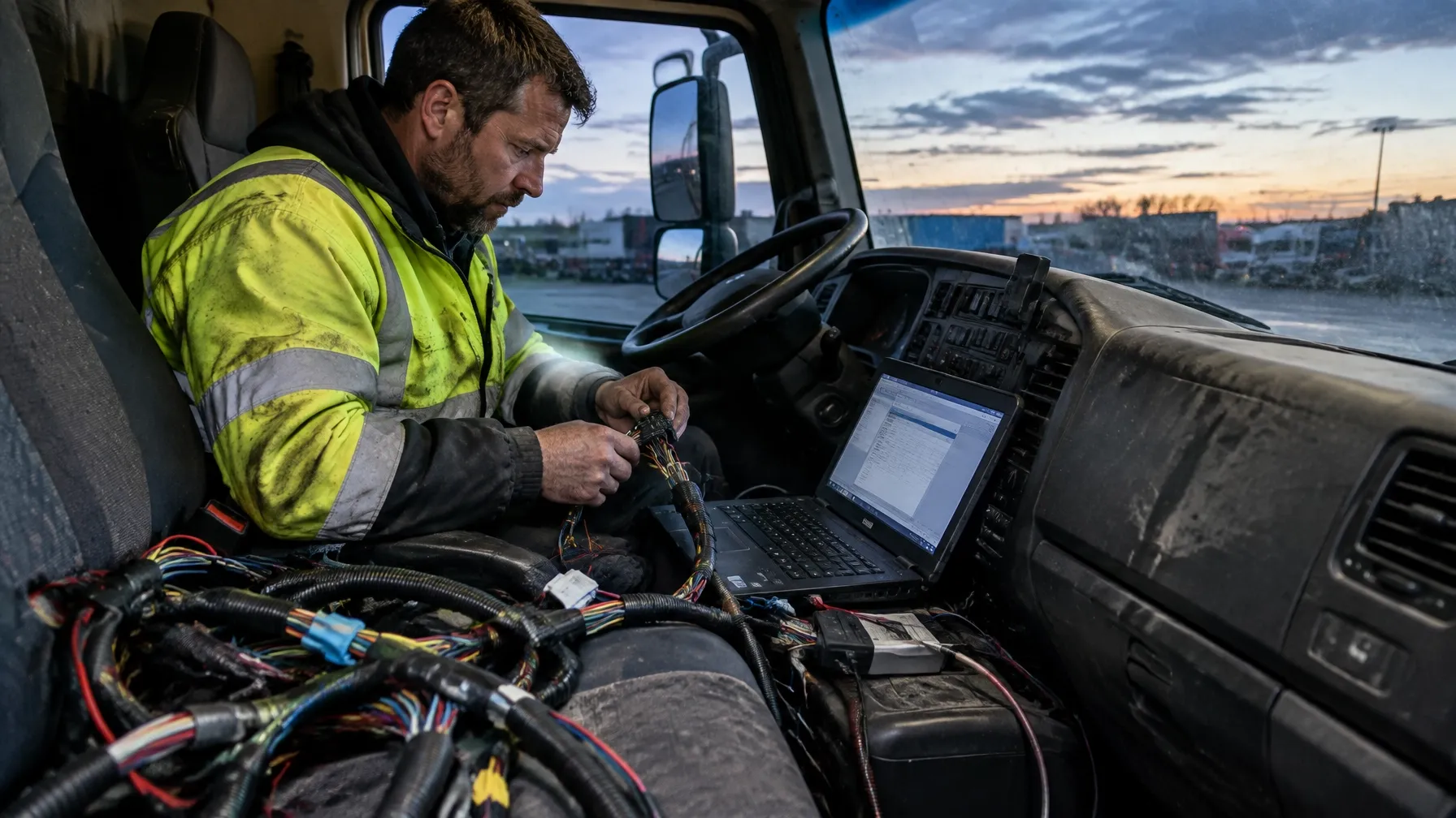 Auto electrician working on a truck cab wiring loom