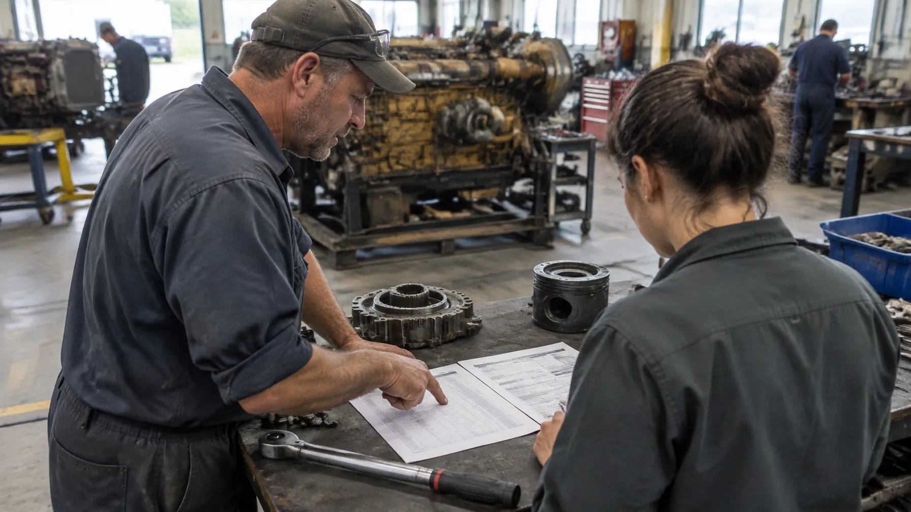 Foreman and recruiter reviewing a roster and brief at a workshop bench