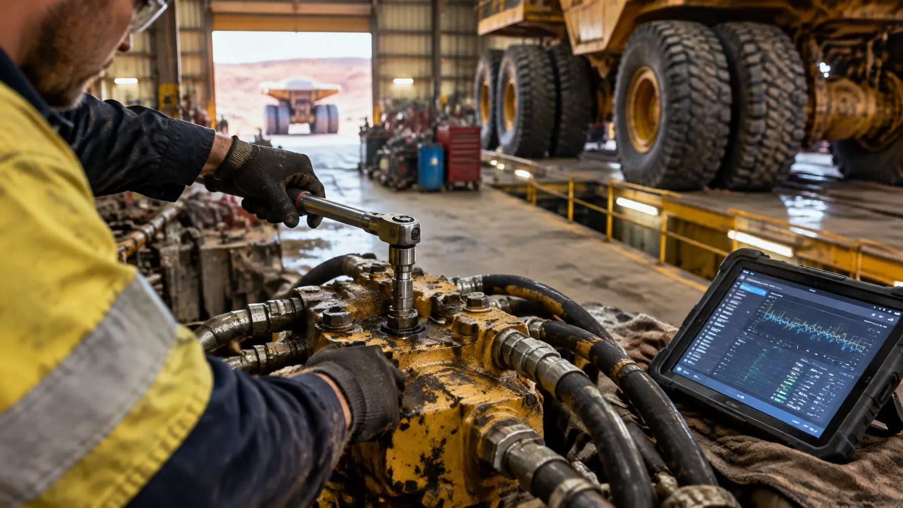 Mechanic using a torque wrench and diagnostic tablet on heavy equipment