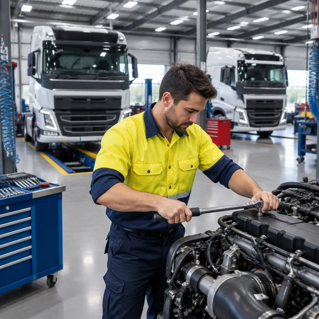 Heavy diesel mechanic torquing an engine in a modern workshop with two prime movers behind him